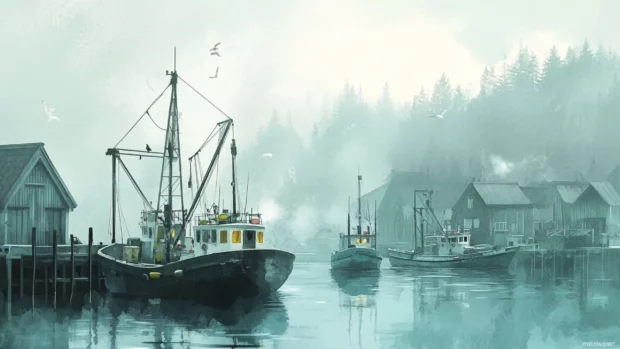 Fishing boats anchored in a quiet watercolor harbor scene.