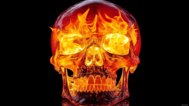 Flames emerging from skull cracks, glowing red and yellow, creating a stark contrast with surrounding shadows.