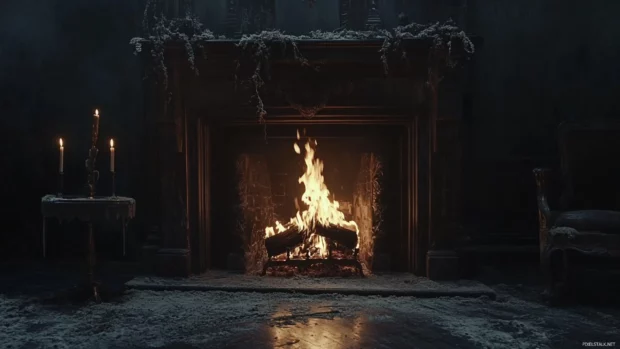 Flames flickering gently in a darkened fireplace scene.
