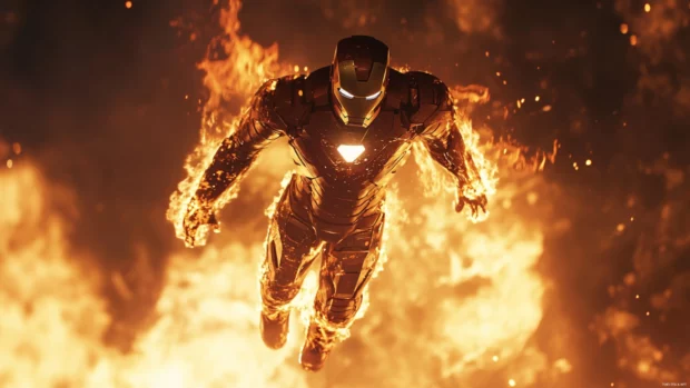 Flames reflect off Iron Mans armor as he lands in style, inspired by iron man flying wallpaper.