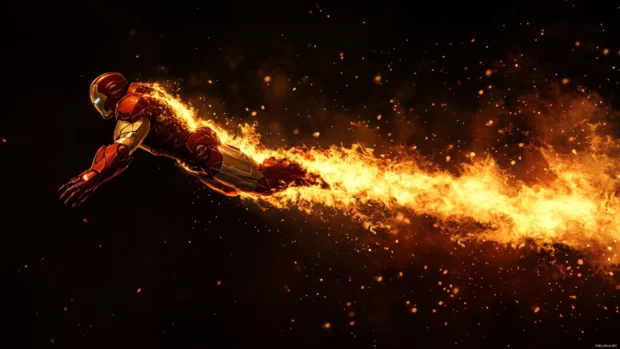 Flames reflect off Iron Mans armor as he lands in style, inspired by iron man flying wallpapers.