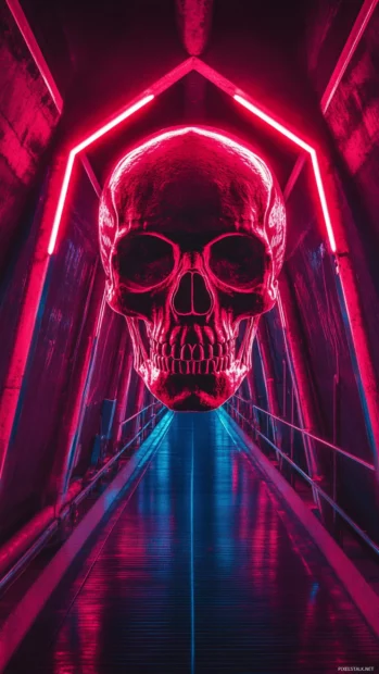 Flaming neon skull crossing neon bridge.