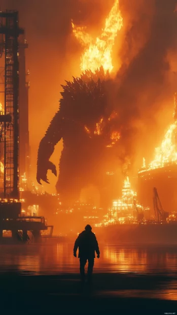 Flaming oil rigs collapse around Godzilla as he walks through fire.