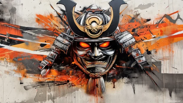 Flaming samurai helmet rising from layered graffiti strokes.