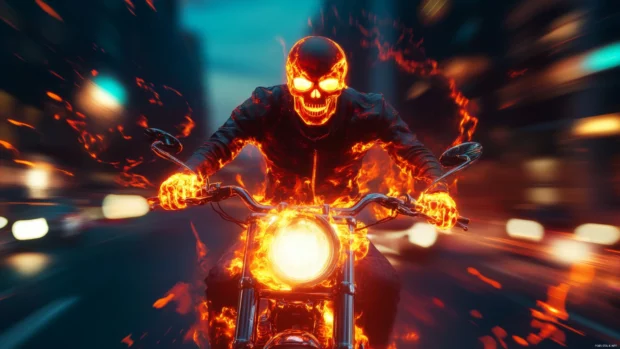 Flaming skull riding a motorcycle through urban dusk.