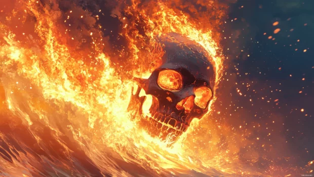 Flaming skull riding through a wave of sparks in twilight.
