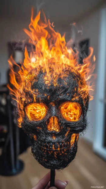 Flaming skull with dark aura bursting from center.