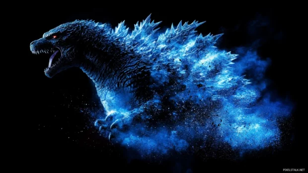 Flares burst behind Godzilla framed in molten blue silhouette.