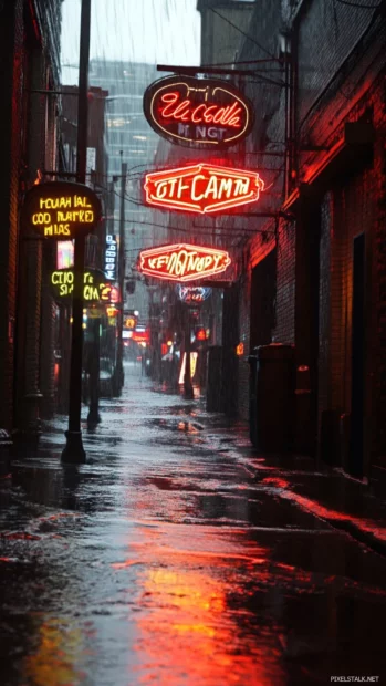 Flashing neon signs glowing in a rainy alley.