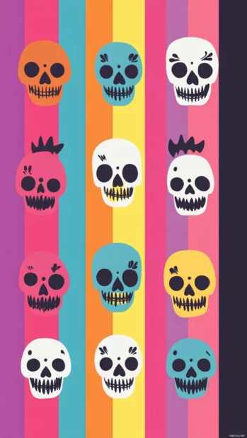 Flat cartoon skull rows in candy color stripes on vertical layout.