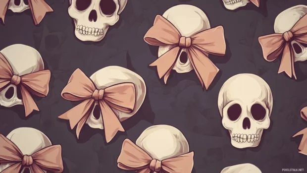Flat design cute skull wallpaper featuring repeating skulls with bows.