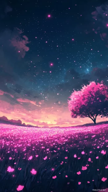 Flat fields glowing with pink stars.