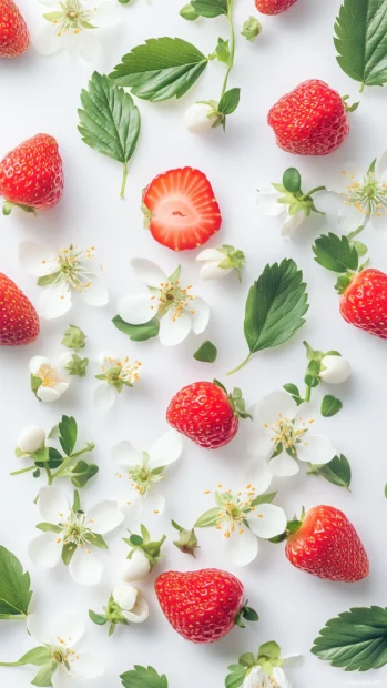 Flat lay design with whole strawberries, leaves, and strawberry blossoms scattered randomly on a bright white background, minimal and clean aesthetic, Simple lines.