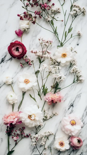 Flat lay of assorted flowers on a marble surface.