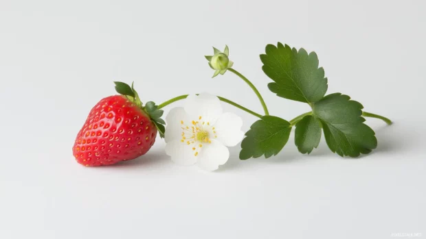 Flat lay of strawberries and flowers, bright white background, red and green colors, simple aesthetic.