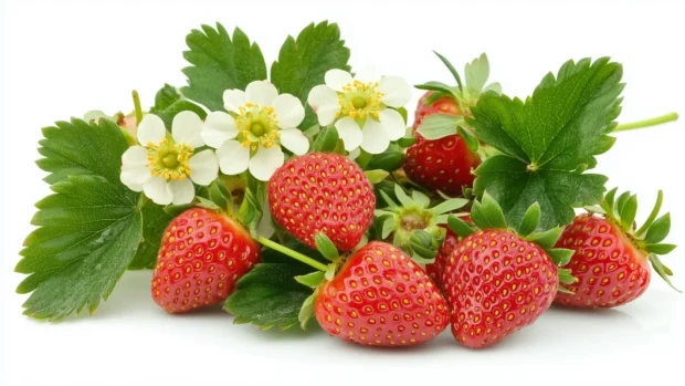 Flat lay of strawberries and strawberry flowers on a bright white background, simple and clean aesthetic with a focus on bright red and green colors.