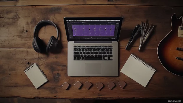 Flat lay of studio tools headphones laptop music software guitar picks notepad on wooden desk.