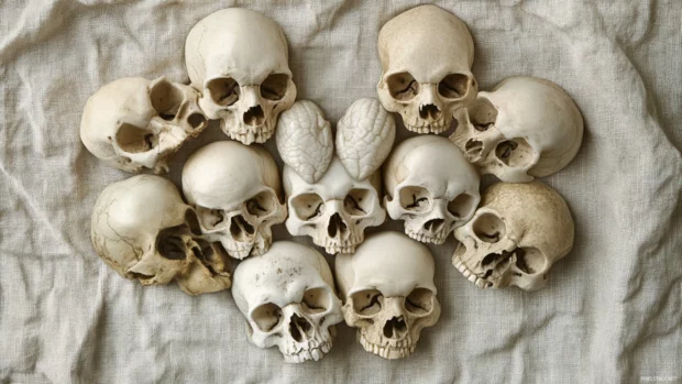 Flat skulls arranged in heart shape clusters on soft linen texture.