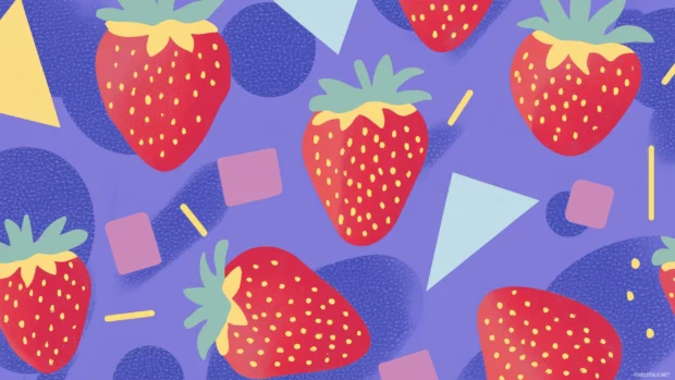 Flat strawberry design with pastel colored berries and shapes on soft purple background.