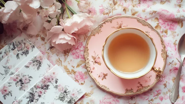 Flatlay of pink stationery and tea cup, widely used for girly PC wallpapers.