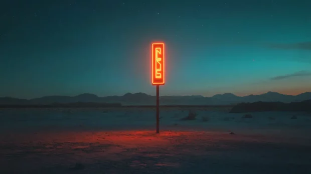 Flickering black neon sign lost in endless desert.