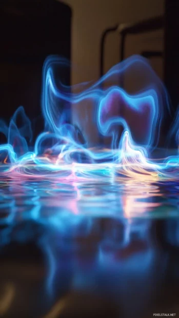 Flickering energy waves flowing across a liquid surface in a dreamy trippy animation.