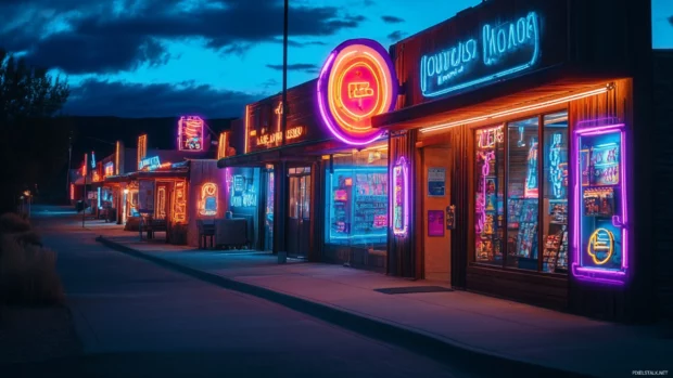 Flickering neon shop signs in deserted cyber town.