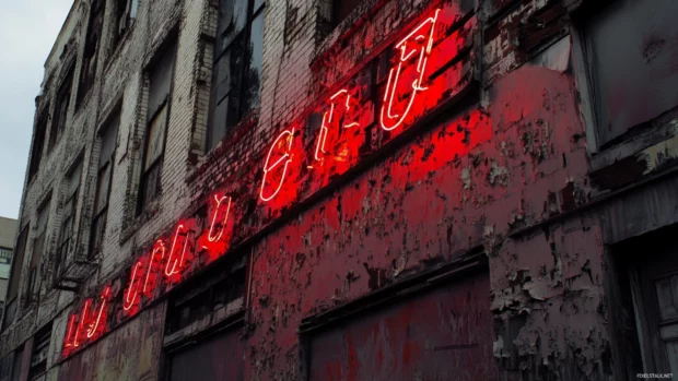 Flickering red neon letters on forgotten buildings.