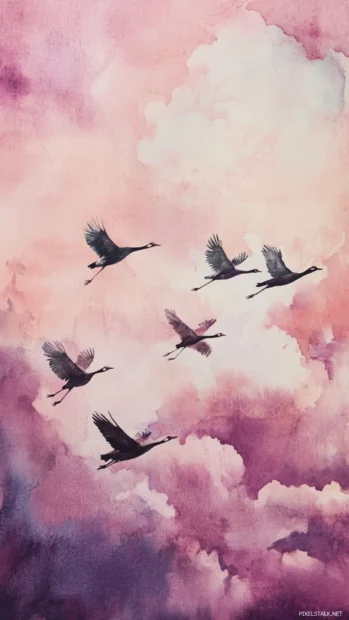 Flight of cranes across distant watercolor clouds.