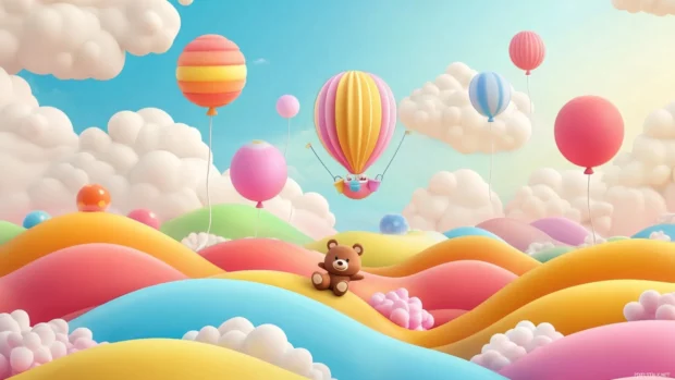 Floating above candy colored hills, balloons and bears create the perfect cute cartoon kids wallpaper.