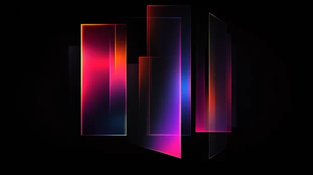 Floating abstract neon shapes against black void inspired by Cyberpunk black neon city.