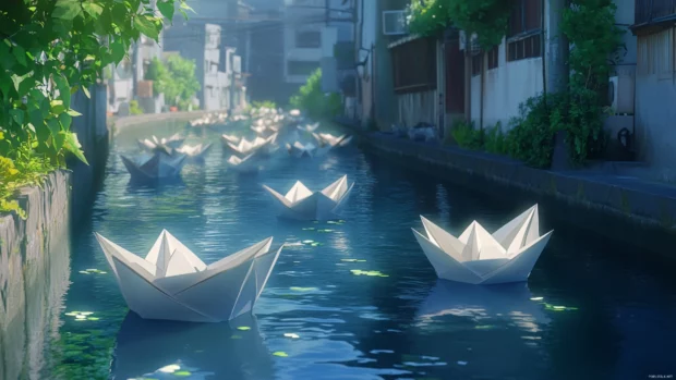 Floating anime paper boats in a city canal.