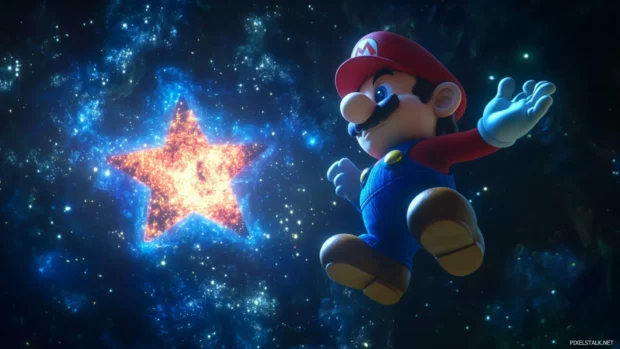 Floating beside Lumas, Mario explores a miniature galaxy shaped like a star.