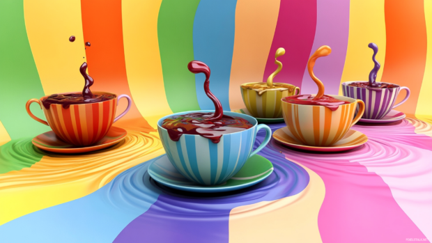 Floating cartoon teacups spinning in a swirl of rainbow jam and melting stripes.
