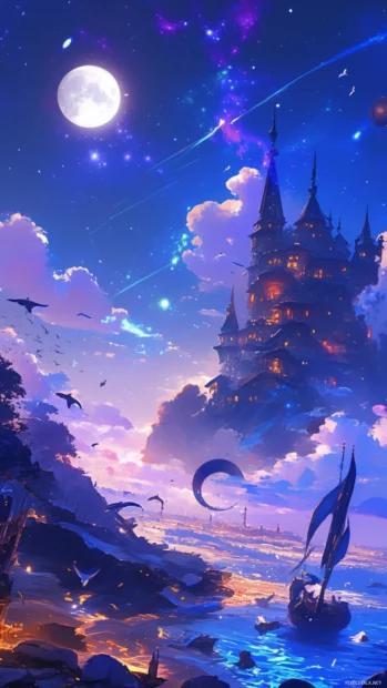 Floating castles and stars light up these cartoon character wallpapers for iPhone.