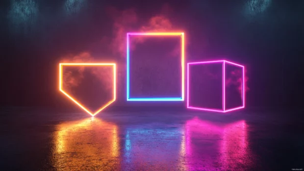 Floating cubes glowing in synchronized neon rhythm.