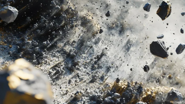 Floating debris of an asteroid field in 3D detail.
