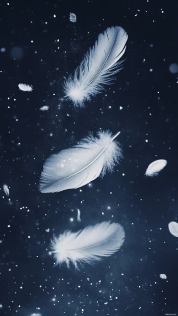 Floating feathers drift across the lock screen, creating an ethereal and dreamy atmosphere.