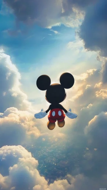 Floating gently across the sky on soft clouds, Mickey Mouse looks down at the world below.