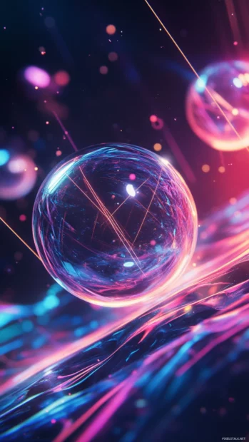 Floating geometric shapes with glowing lines moving through a liquid trippy space.