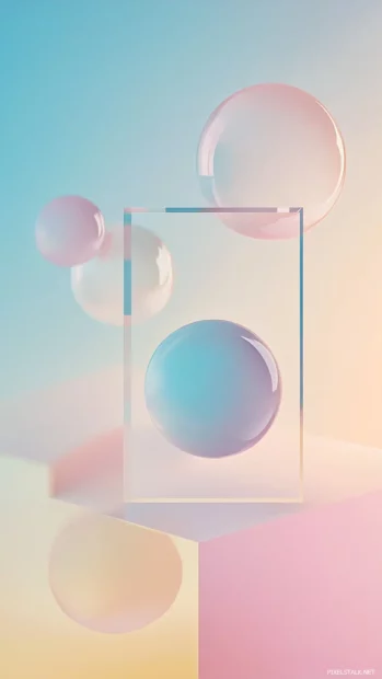 Floating geometric shapes with muted pastel backgrounds.