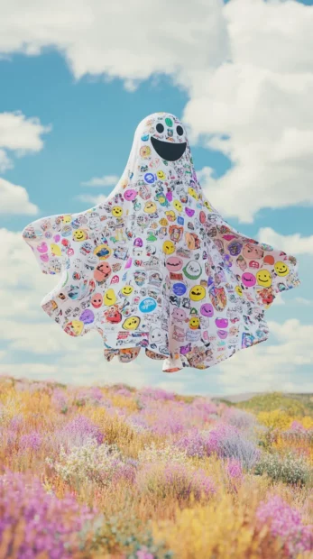 Floating ghost covered in stickers and smiley faces glides over a pastel field.