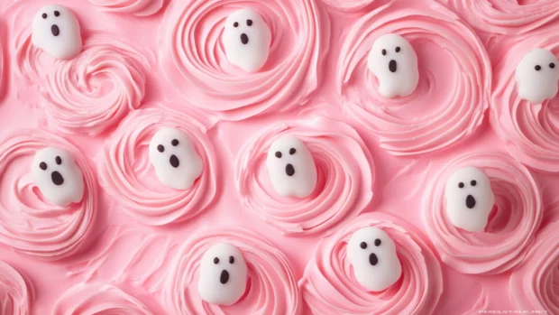 Floating ghost faces pop up from pink icing swirls on a cake themed pattern.