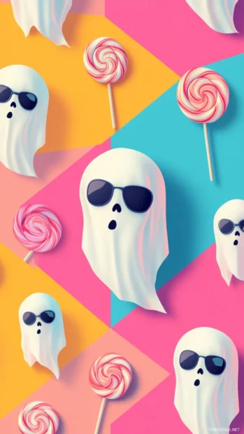 Floating ghost heads with sunglasses and lollipops tile across retro color blocks.