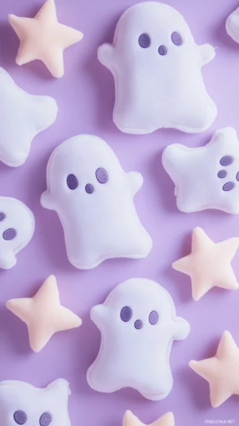 Floating ghosts snuggle with plush stars in a kawaii pattern over light purple background.