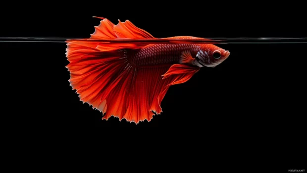 Floating in a still tank with calm waters and gentle light is a dramatic shot of a betta fish with its fiery red and orange fins fanned out.