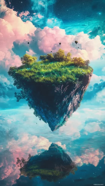 Floating island of glitchy grass and liquid sky, top pick for cool trippy wallpaper style.