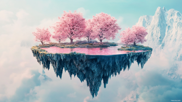 Floating island with cherry blossom trees and pink rivers.