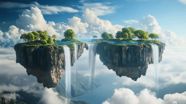 Floating islands in an alien sky, with waterfalls defying gravity, for a surreal trippy atmosphere.