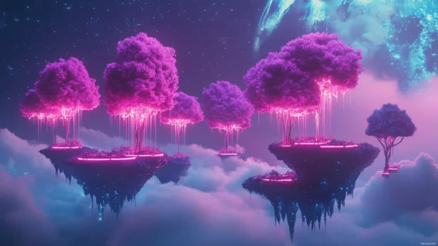 Floating islands suspended in neon dreamscape inspired by Dark cool neon fantasy.